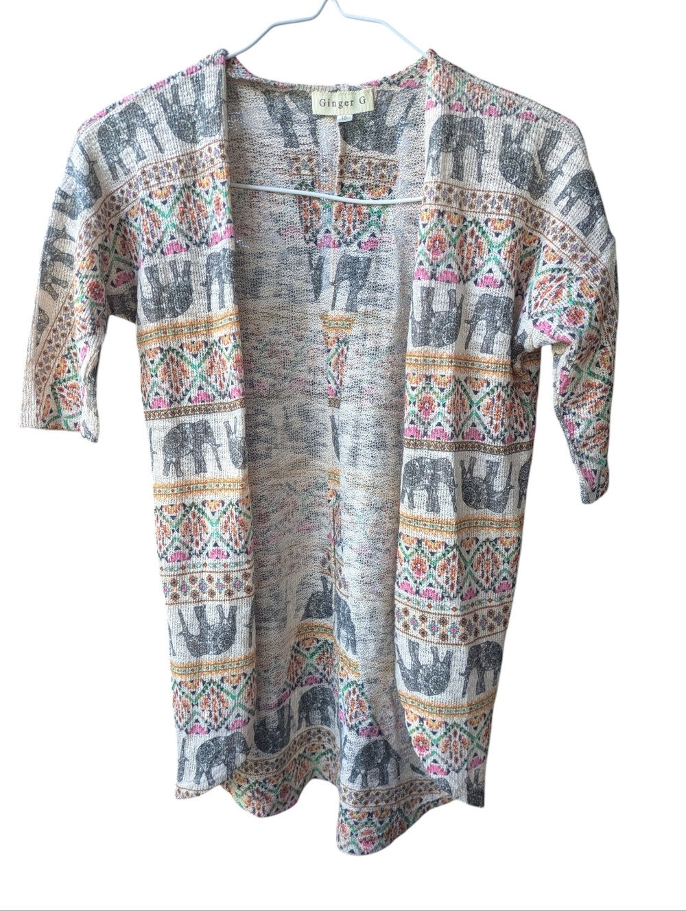 🌞4/20$ Ginger G Gray Open Cardigan with Multicolor Elephant Pattern